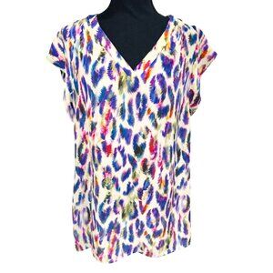 Cabi Watercolor Indian Feather Santa Fe Womens L V-Neck Flowy Tunic Top L Artsy